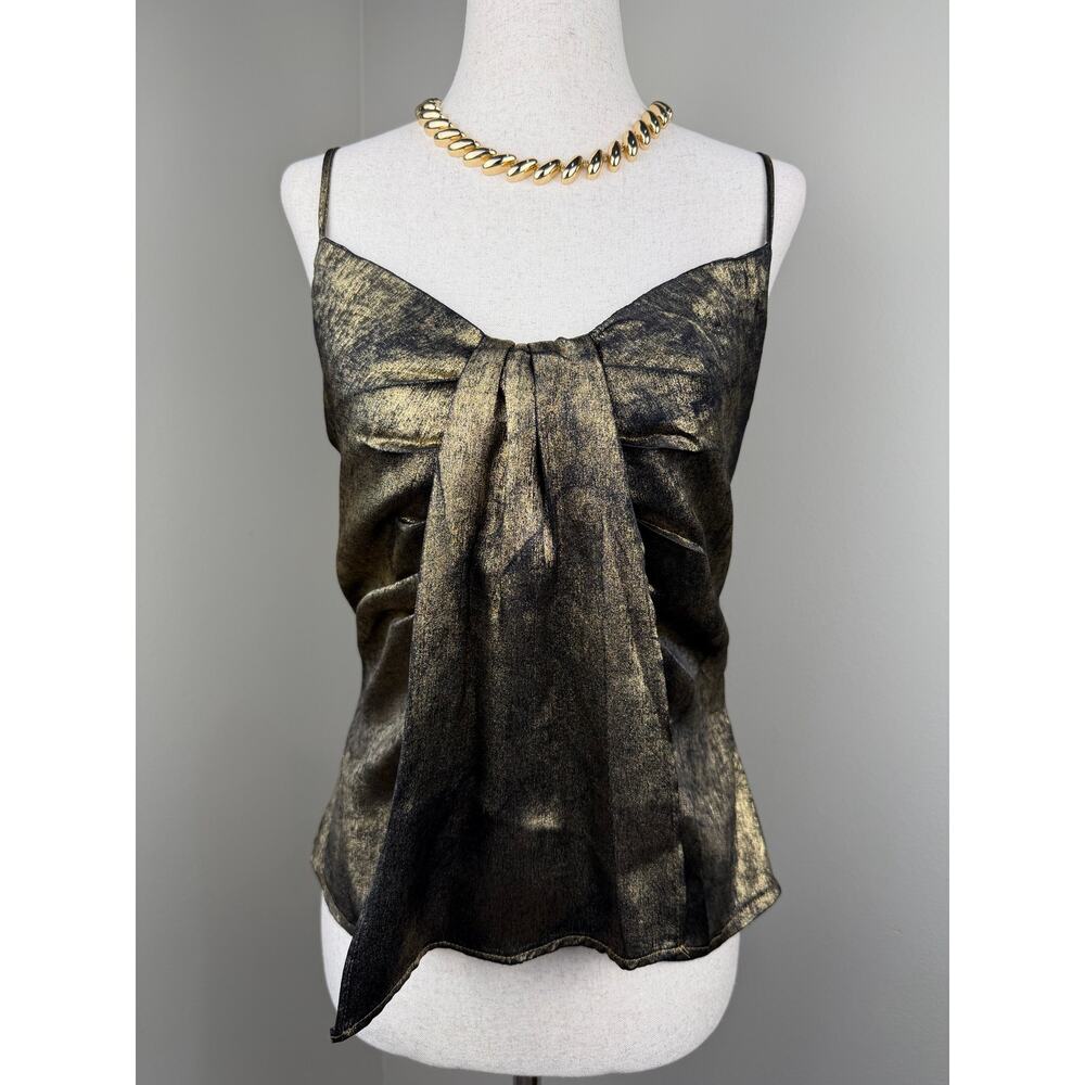 JOA Metallic Gold Black Tie Front Cami Top Party Holiday Size S